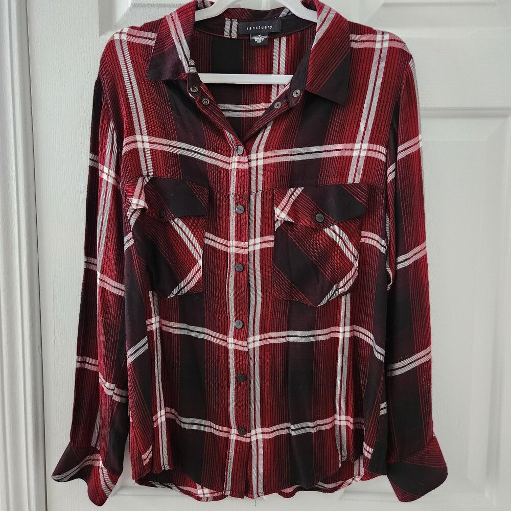 Sanctuary Red & Black Flowy Plaid Flannel Snap Closure Shirt - Size M